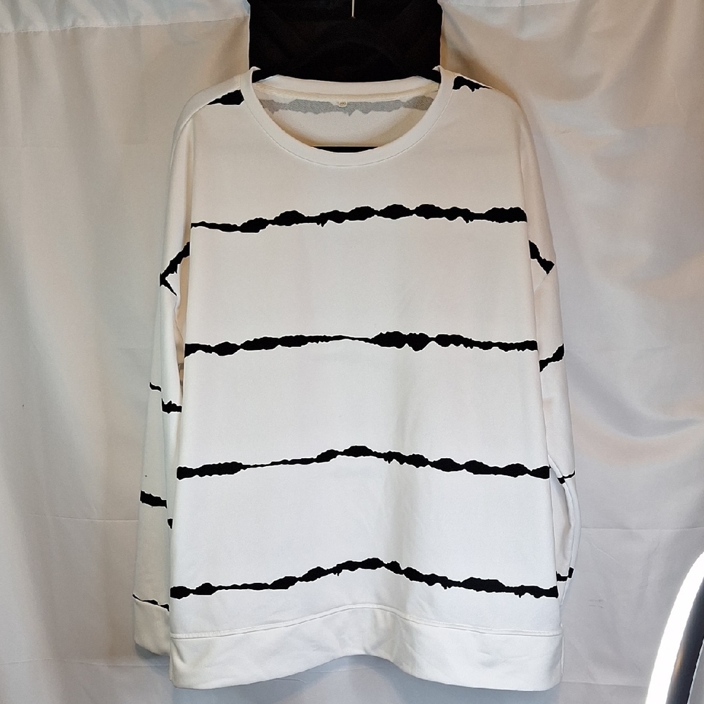 Women's White Long Sleeve Tee with Black Striped Detail